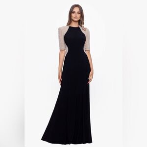 Xscape Black Gown with Beaded Champagne Sleeves